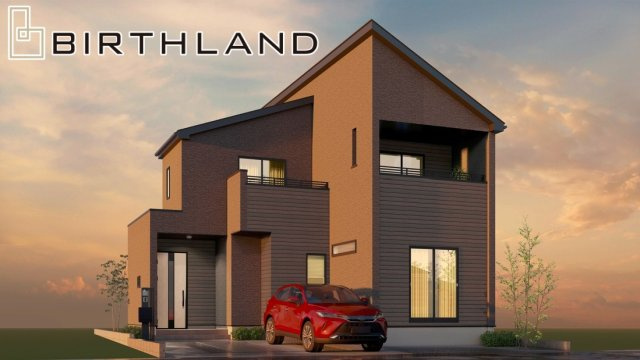 新築戸建・新築建売　福島市南沢又字下台　清水小・清水中の外観パース|完成予想図　斜めアングル（夕方）