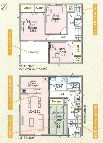 新築　高崎市金古町第17　クレイドルガーデン　１号棟の間取り|建物面積98.82㎡　各部屋収納付きで便利です！日当たりの良いバルコニーはお洗濯物もよく乾きそうです◎
						
