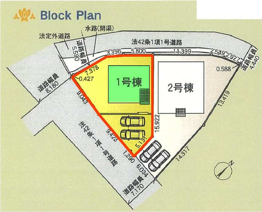 新築　高崎市吉井町小暮第１　クレイドルガーデン　1号棟の区画図|1号棟　区画図　南側接道幅員約7.1ｍ　北西側接道幅員約4.4ｍ

