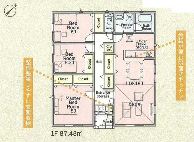 新築　高崎市吉井町小暮第１　クレイドルガーデン　2号棟の間取り|建物面積87.48㎡　広々18帖LDKの平屋のお家♪各部屋収納付きで便利です！日