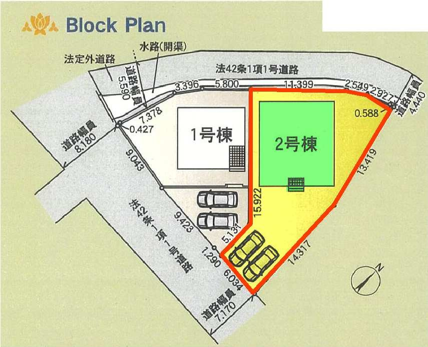新築　高崎市吉井町小暮第１　クレイドルガーデン　2号棟の区画図|2号棟　区画図　南側接道幅員約7.1ｍ　北西側接道幅員約4.4ｍ


