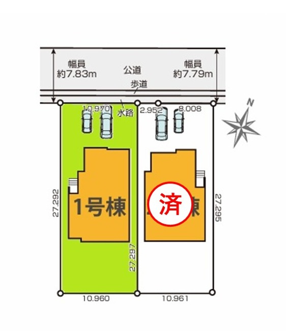 GRACE　水戸市浜田町　1期 　1の区画図|並列駐車可能。気になる他の物件と合わせての現地ご案内も可能です。HPから、またお電話でも、お気軽にお問い合わせください。

