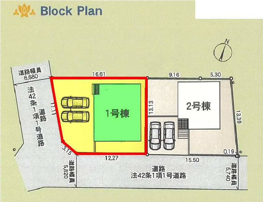 新築　高崎市足門町第9　クレイドルガーデン　1号棟の区画図|1号棟　区画図　南側接道幅員約5.7ｍ　西側接道幅員約6.6ｍ
