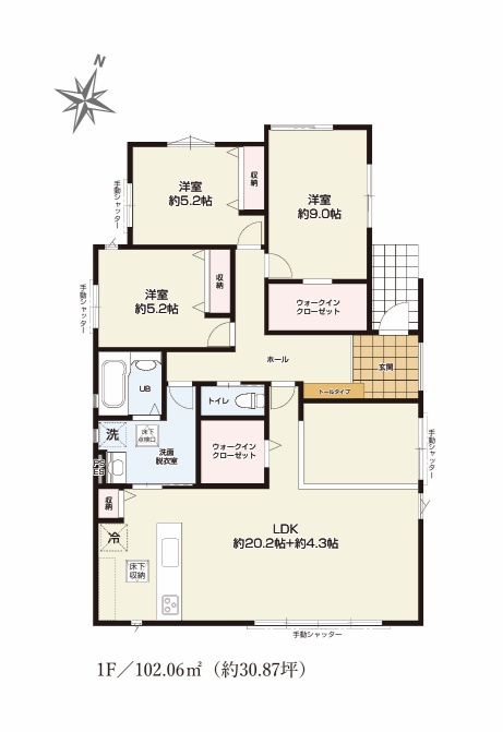 GRACE　水戸市浜田町　1期 　2の間取り|　
☆LDKは20.2帖+4.3帖に間仕切り対応も可能です。洗面室2WAY出入り口で生活動線がコンパクト、家事の効率も◎全室明るい二面窓で通風も良好です。