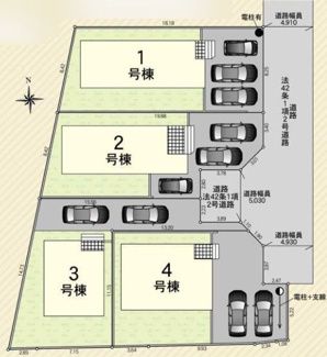 【区画図】 | 秦野市東田原  4号棟 第11 | 4号棟　東側約4.9ｍ私道（持分有）　駐車並列2台（車種によります）　敷地面積51.8坪