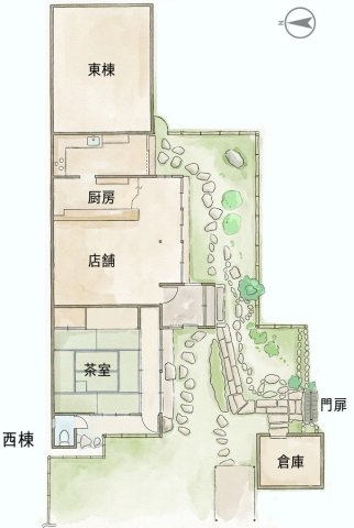 百万遍 市中の山居 商いの町家の間取り|西棟は平家です