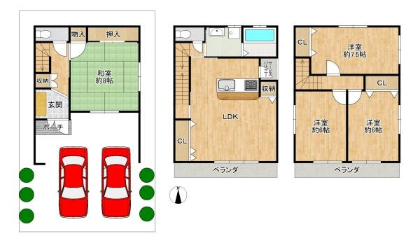 【間取り】 | 土地面積約20.7坪、建物延べ床面積約35.6坪のゆとりのある3階建てです♪
駐車場も広く、広々と生活ができますね♪