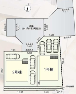 【区画図】 | 厚木市関口  1号棟 第18 | ※2号棟成約済　1号棟　北側約5.0ｍ～約6.0ｍ公道　駐車並列3台（車種によります）　敷地面積42.4坪