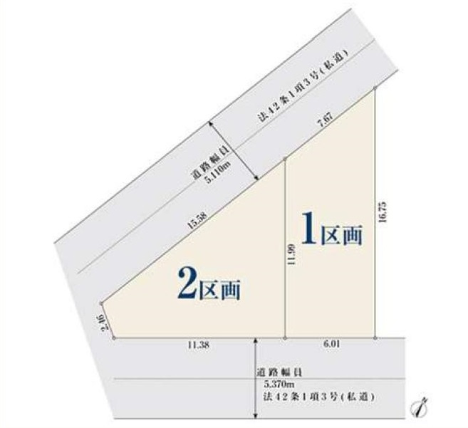 練馬区東大泉2丁目 全2区画 2区画の区画図|南東側約5.3ｍ道路×西側約6.0ｍ公道に面する角地を含む全2区画