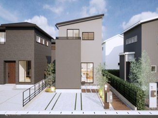 【外観パース】 | 宇治市木幡御蔵山　3区画1号地　売土地　建築条件付き | 参考プランになりますので、お客様のお好みの外観を一緒に作らせていただきます。外壁には、メンテナンスが楽な光セラを採用しており、汚れがつきにくく、色あせもしにくいのでおススメです！
