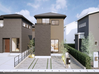 【外観パース】 | 宇治市木幡御蔵山　3区画1号地　売土地　建築条件付き | アトリエスタイルハウス仕様の窓はペアガラス、サッシはアルミ×樹脂複合のハイブリットサッシを採用。ガラスの間には断熱性の高いアルゴンガスを充填しておりますので、より断熱性能が高まる仕様になっております。