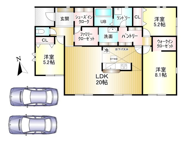 香芝市高　全４棟の間取り|3LDK+WIC　土地面積：224.72ｍ2　建物面積：99.78ｍ2　駐車２台可