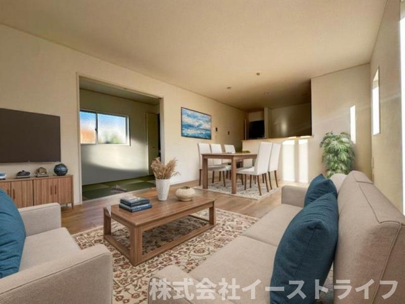【新築戸建】　いわき市常磐下湯長谷町第2　全4棟の居間・リビング|同社施工のLDKに家具を配置したイメージ画像です。
※本画像はCGで作成しており、実際に現地に 家具は置かれておりません。また、価格に 家具は含まれておりません。