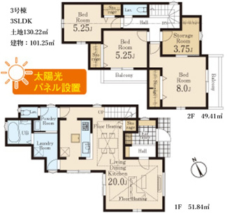 【間取り】 | 【仲介手数料無料！！】稲城市若葉台1丁目　新築戸建て（全9区画）3号棟　5680万円 | 3号棟　3SLDK車庫2台　建物：101.25㎡