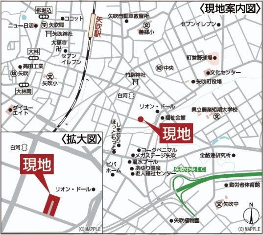 矢吹町一本木第6　　　2号棟　　　善郷小学校、矢吹中学区の地図|案内図