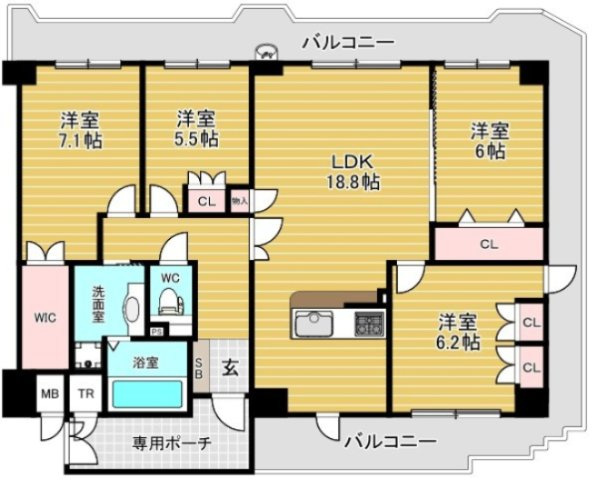 クレール八戸ノ里ソレイユの間取り|◆4LDK、価格4098万円、専有面積97.37㎡、バルコニー面積35.20㎡

