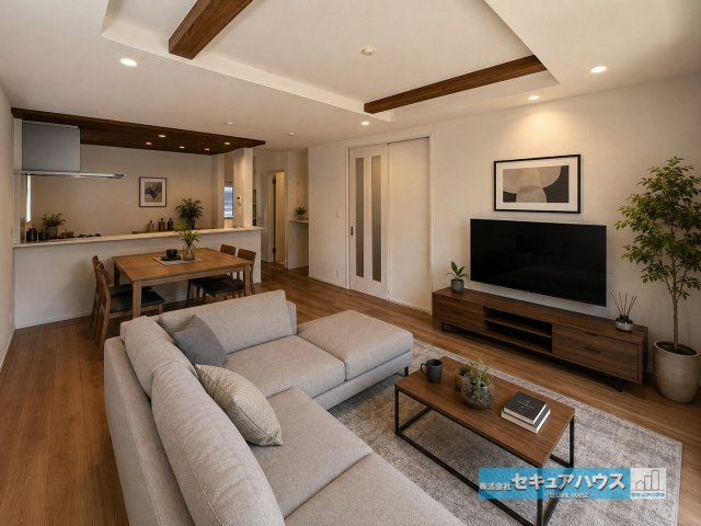 【本日ご案内可能】日進市岩崎町元井ゲ　全1棟の居間・リビング|【LDK　家具を配置したイメージ図】
◆シンプルなデザインのリビングのため好きなテイストの空間をつくりやすいです。18帖以上の広さがあるため、ダイニングテーブルや大きなソファを置くことができます。　　