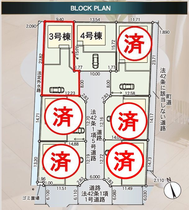 矢吹町一本木第6　　　3号棟　　　善郷小学校、矢吹中学区の区画図