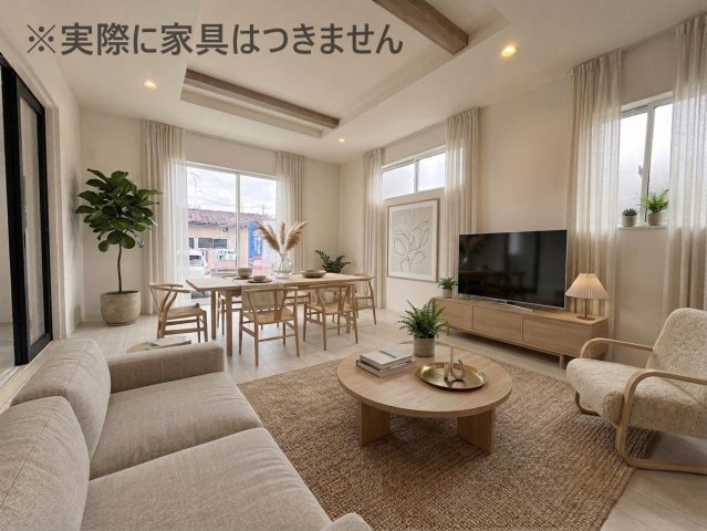 新築戸建・新築建売　福島市笹木野大金谷尻　野田小・野田中の居間・リビング|画像はバーチャルホームステージングの加工による演出で、実際の家具は付きません。