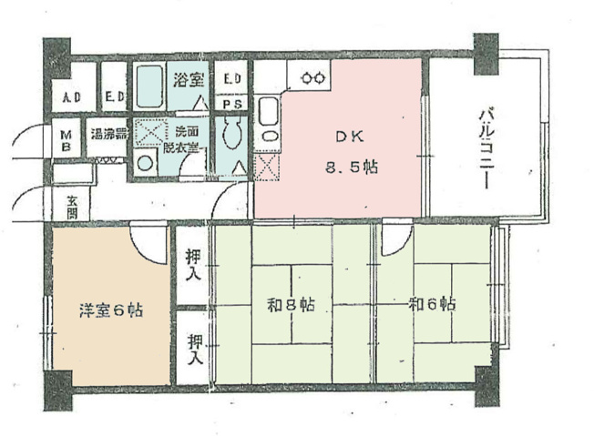 【間取り】 | めじろ台コ－ポラス | 3DKは、ダイニングキッチンと3つの居室がある間取りです。ファミリー層や、個室を複数必要とするご家庭に適しています。食事スペースとくつろぎの場を分け、それぞれの個室も確保できるため、快適に過ごせます。