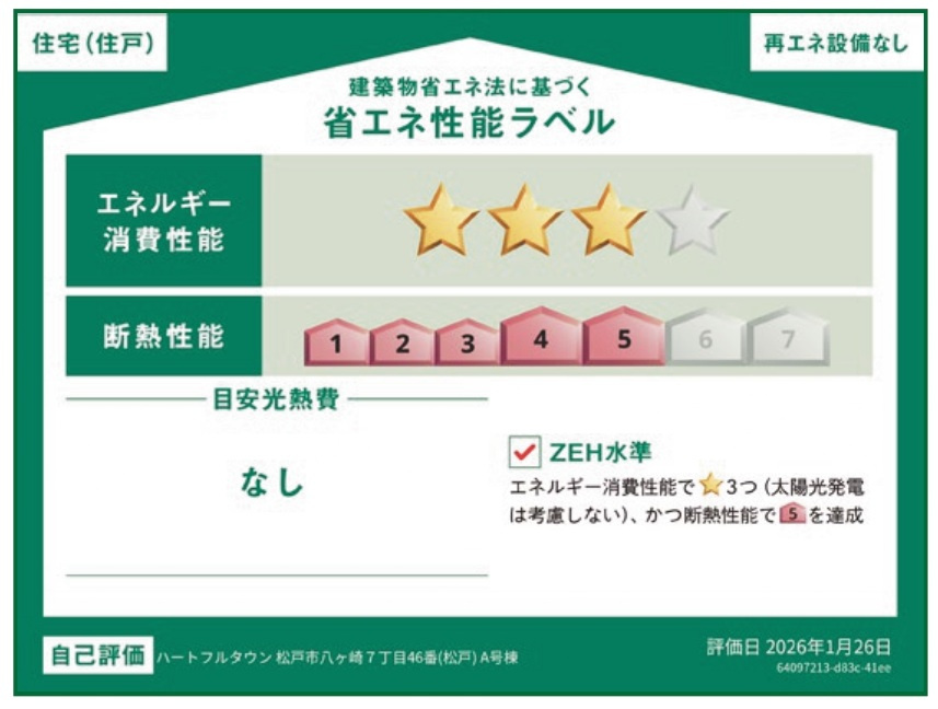 松戸市八ヶ崎7丁目新築戸建【八ヶ崎小学校:4分】の省エネ性能ラベル|省エネ性能ラベル・ZEH水準