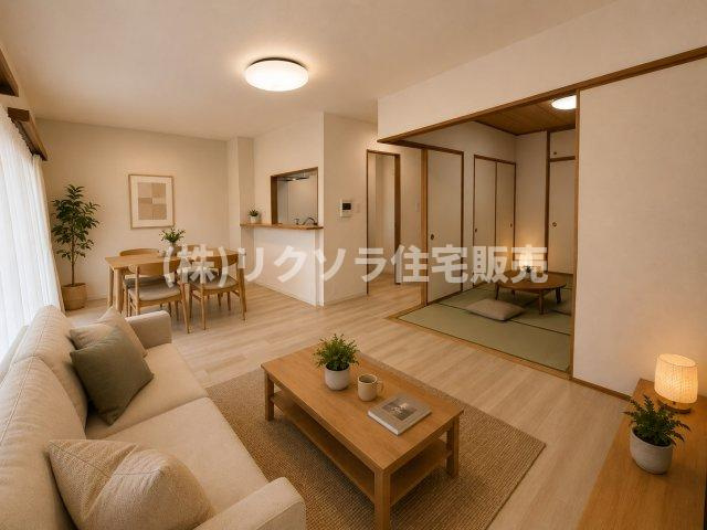 交野中央グリーンマンションの居間・リビング|LDK14.3帖　※この画像はAIによるバーチャルステージング画像です。
実際の物件には家具・インテリアは含まれません。
■物件内覧・資金計画相談・住宅ローン相談、リフォーム相談、お問合せ受付中■