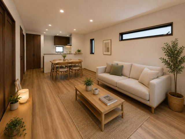 太秦緑が丘　新築一戸建ての居間・リビング|LDK17.6帖
■物件内覧・資金計画相談・住宅ローン相談、リフォーム相談、お問合せ受付中■
※当日・翌日のご内覧、ご相談はお電話でのお問合せがスムーズです！