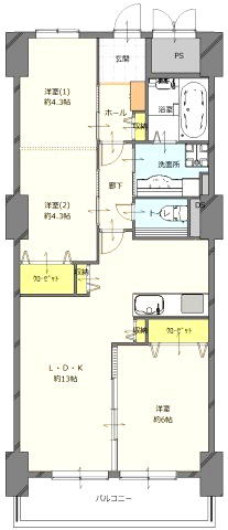 鐘紡夙川台マンションの間取り|2020年3月フルリノベーション済