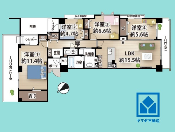 ファミール甲子園浦風町の間取り|4LDK、専有面積103.33平米、バルコニー面積12.62平米、ルーフバルコニー面積15.4平米、専用ポーチ面積2.48平米、室外機置場面積3.38平米、4階建て最上階。2026年6月リフォーム済。