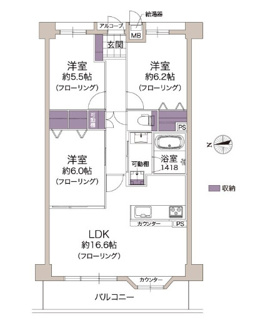 【間取り】 | ライフステージ新金岡 | 専有面積76.26㎡　　西向き　全室洋室の3LDKの間取りです