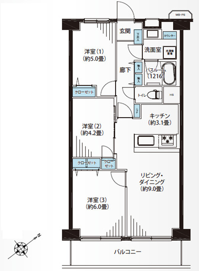【間取り】 | 日商岩井鶴見マンション | 専有面積61.60㎡、3LDK。