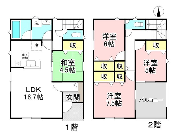 各務原市鵜沼朝日町5丁目　1号棟の間取り|マイホームは、子供の人間形成、夫婦のあり方、家族の絆に多大な影響を与えます。家族構成の変化に対応できる、多様性と快適性を、楽しく、個性的に、表現したい、と考えて設計した住まいです。