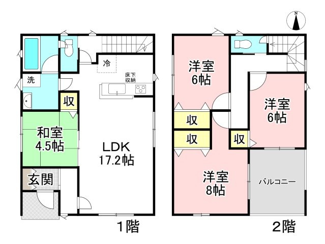 各務原市鵜沼朝日町5丁目　2号棟の間取り|マイホームは、子供の人間形成、夫婦のあり方、家族の絆に多大な影響を与えます。家族構成の変化に対応できる、多様性と快適性を、楽しく、個性的に、表現したい、と考えて設計した住まいです。