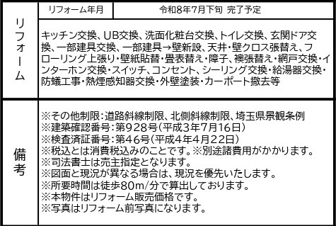 中古戸建　深谷市小前田1492-3（リフォーム住宅）の構造・工法・仕様