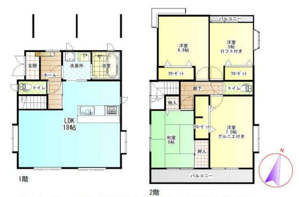野田市宮崎　中古戸建　平成18年築の間取り|リビングはゆったりとした18帖♪
二階は4部屋ございます♪　