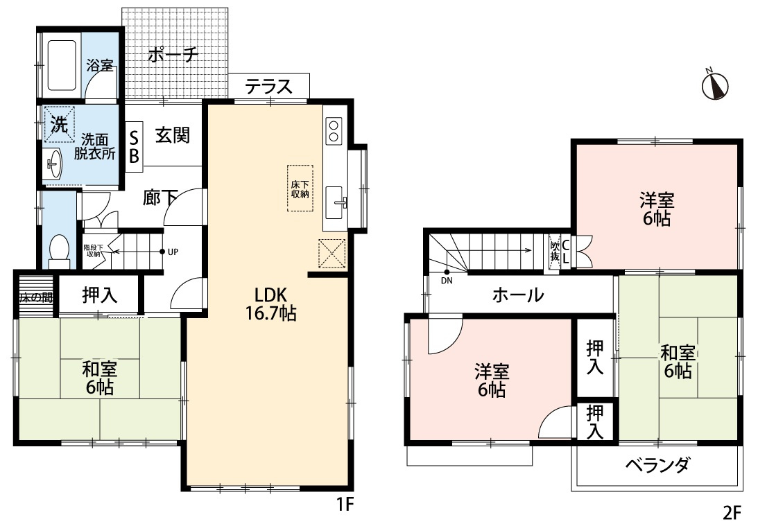 小牧市東２丁目　中古戸建の間取り|南面のLDK16.7帖＋和室6帖の続き間です。
全居室６帖。南面３室。