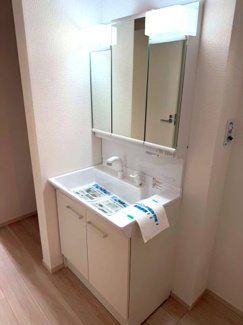【独立洗面台】 | 龍ケ崎市松葉 | 三面鏡付き洗面台を採用しており、朝の身支度もスムーズに行えます。収納スペースも確保されており、使い勝手の良い設計です。
