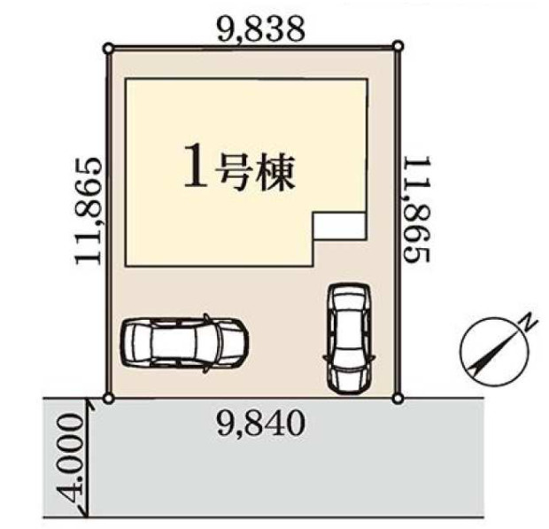 伊奈町栄　全1棟　1号棟の区画図|南東側道路に面した陽当たりの良い区画です。カースペースは2台分を確保しており、毎日の車出しもスムーズ。敷地形状が整っているため、無駄のない空間活用が可能です。