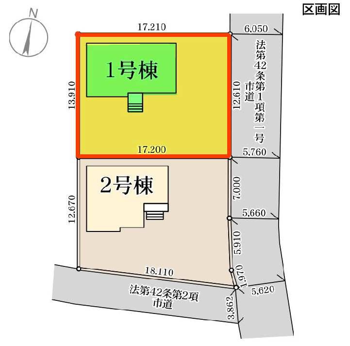 新築　高崎市箕郷町西明屋　Livele Garden.S　１号棟の区画図|1号棟　区画図　東側接道幅員約5.7ｍ
