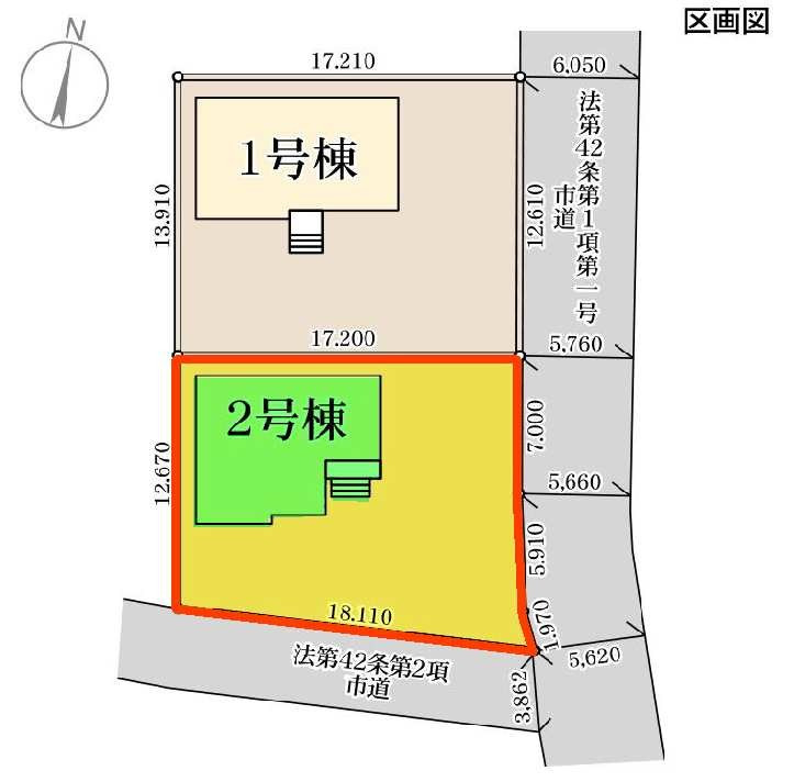 新築　高崎市箕郷町西明屋　Livele Garden.S　2号棟の区画図|2号棟　区画図　東側接道幅員約5.7ｍ　南側接道幅員約3.8ｍ

