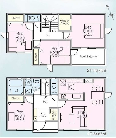 新築　桐生市相生町2丁目1期　LIGNAGE　3号棟の間取り|建物面積101.43㎡　全居室南向き♪シューズインクローク・ウォークインクローゼット・各部屋収納付きで便利です！日当たりの良い広々バルコニー！どのお部屋からも行き来できます。							

