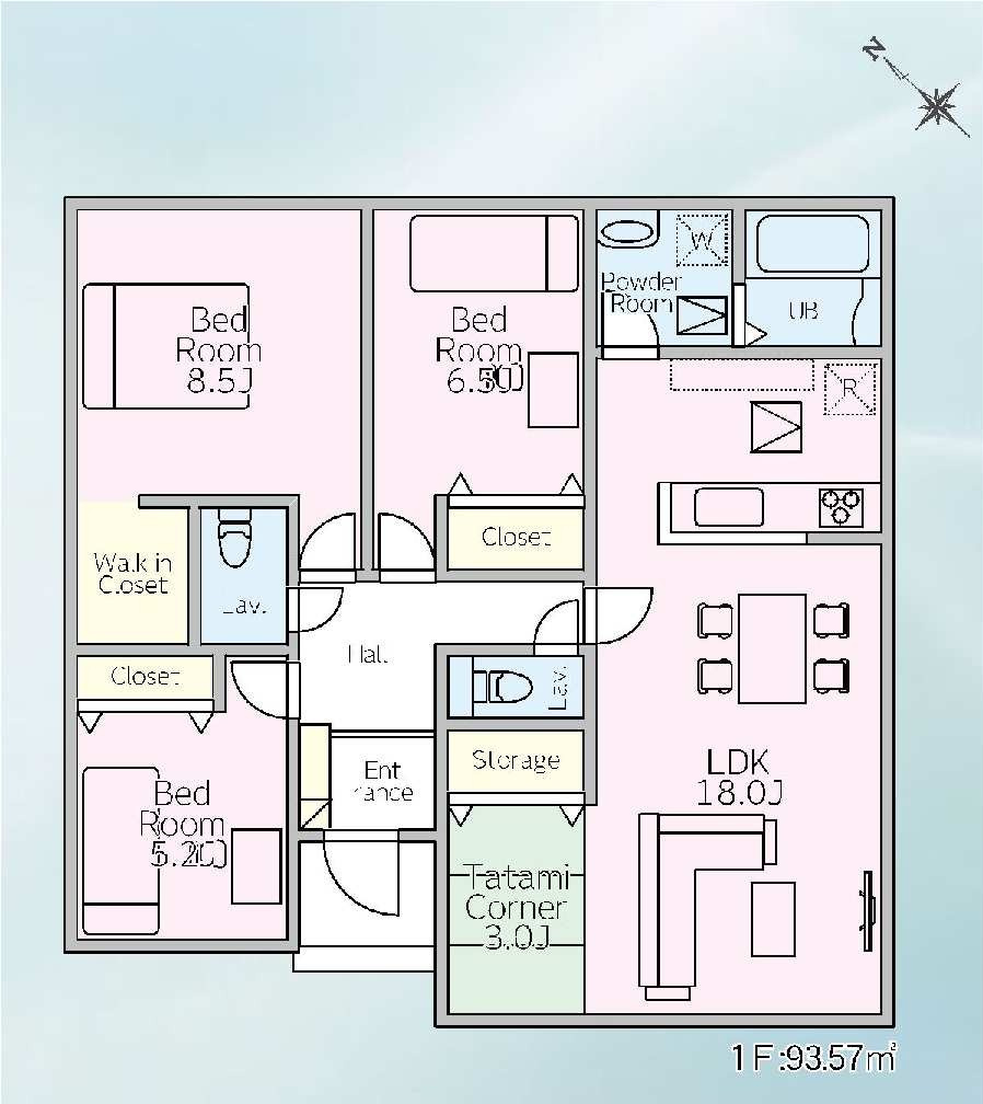 新築　桐生市相生町2丁目1期　LIGNAGE　4号棟の間取り|建物面積93.57㎡　広々18帖のLDKの平屋のお家♪ウォークインクローゼット・各部屋収納付きで便利です！トイレ二箇所付きなので、忙しい朝も助かります！