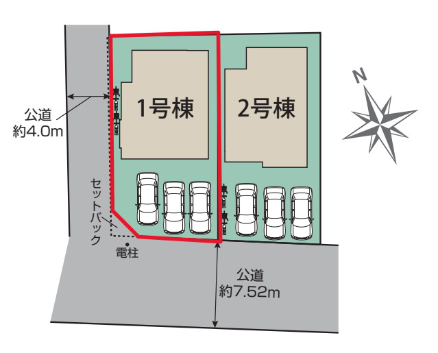宇都宮市東原町　１号棟の区画図|土地面積：152.44㎡（46.11坪）カースペース３台可能です。