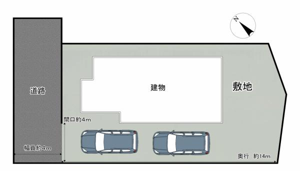 周南市大字久米　戸建ての区画図|【区画図】前面道路は約４ｍです。駐車場縦列2台可能な物件です