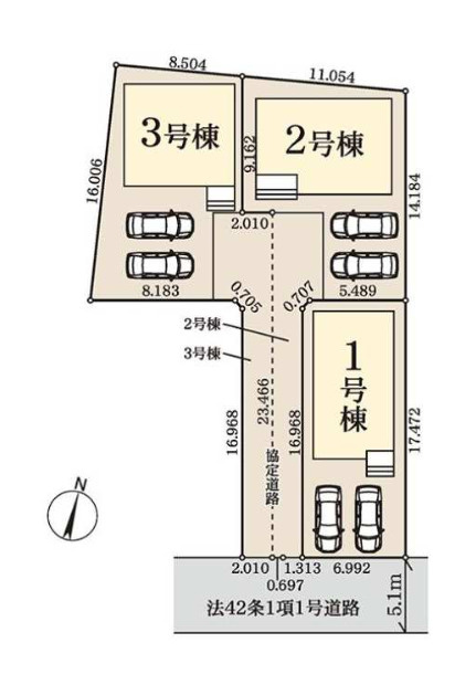 白岡市白岡7期　全3棟　2号棟の区画図|並列2台駐車可能なスペースを確保した、ゆとりある敷地計画です。協定道路により開放感があり、車の出し入れもスムーズに行えます。プライバシーに配慮した配置で、落ち着いた暮らしが叶います。