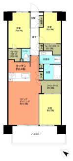 【間取り】 | つくばグランヴィラ　エアリーヴィラ | 3LDK　壁芯75.00㎡　バルコニー12.00㎡
可動式間仕切り壁を収納すれば約17.6帖のリビングになります。