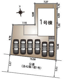 「駐車スペース6台完備」高知市長浜 第1　新築戸建ての区画図|駐車6台×4LDK。家族や来客が多くても大丈夫☆敷地内でプール遊びやバーベキューも◎
