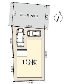 白岡市篠津　全1棟　1号棟の区画図|北側が幅員約6mの公道に面した、開放感のある区画です。カースペースは2台分を確保しており、毎日の出し入れもスムーズ。ゆとりある敷地で、安心感のある暮らしが叶います。