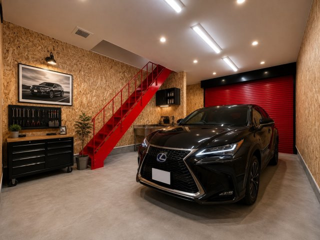 KICHI和泉上町の駐車場|KICHI和泉上町　ガレージ　※掲載画像の一部はAIによるホームステージングイメージです。実際には車両・備品は設置されておりません。車庫サイズも現地確認となります。