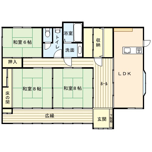 オレンジ　草木台二丁目　平屋中古住宅　の間取り|広々LDKに加えて、すべての扉を開放したら一体の大空間として使用できます！